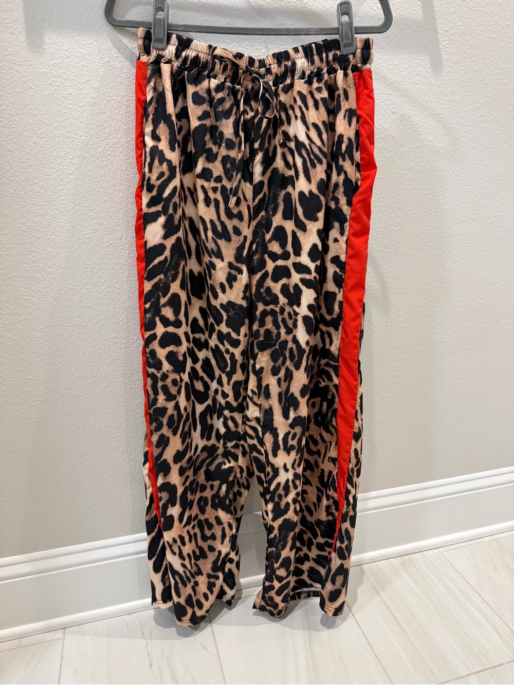 Leopard Print Wide-Leg Pants with Red Side Stripe